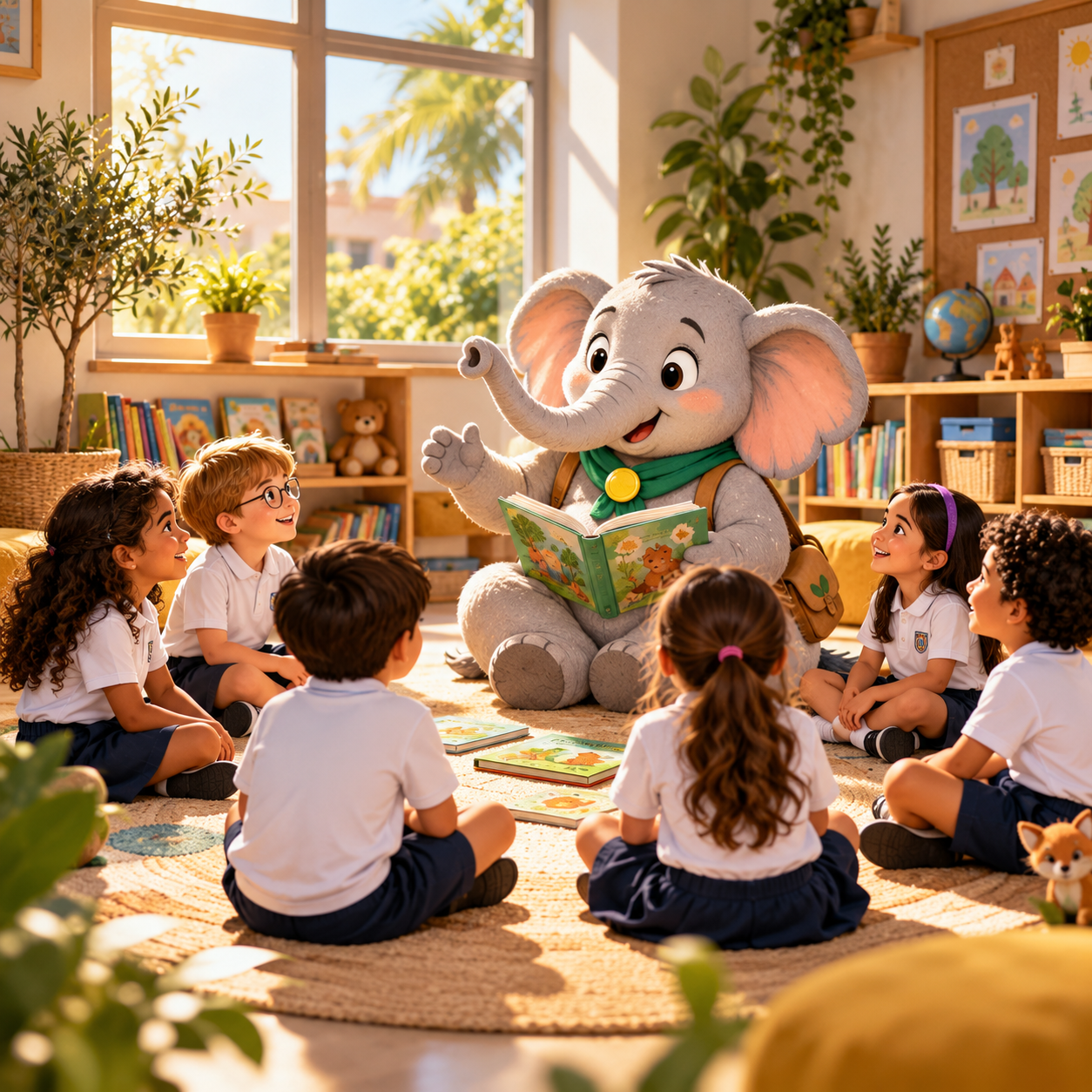 Children sitting in a circle listening to a ranger character tell a story